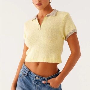 Peppermayo Pale Yellow Cropped Knit Polo with Gray Trim